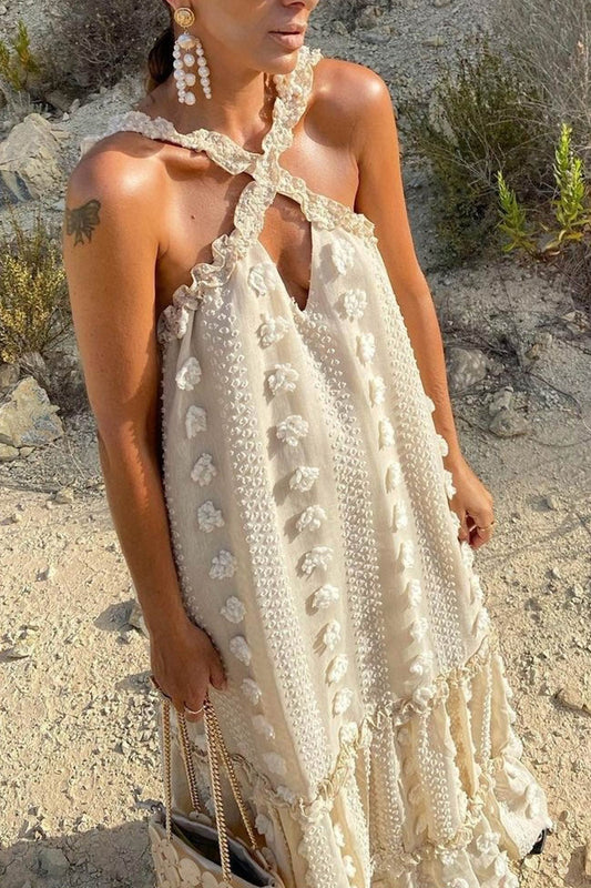 3D Floral Criss-cross Halterneck Maxi Dress