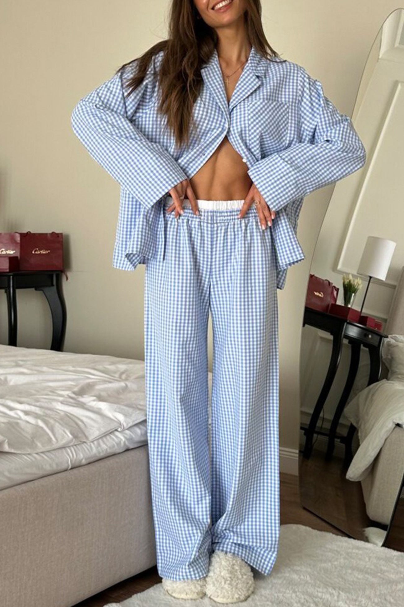 Plaid Blouse Cotton Two-piece Outfit