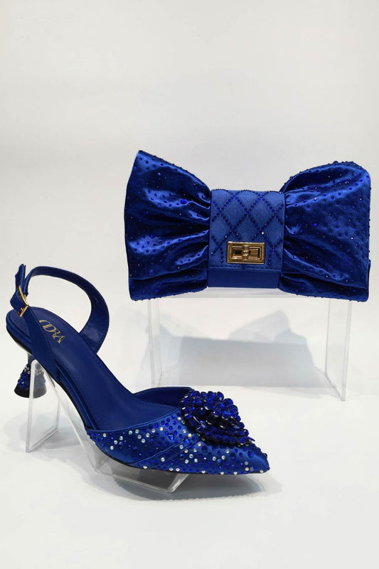 Pointed Rhinestone High Heels With Bow Hand Bag