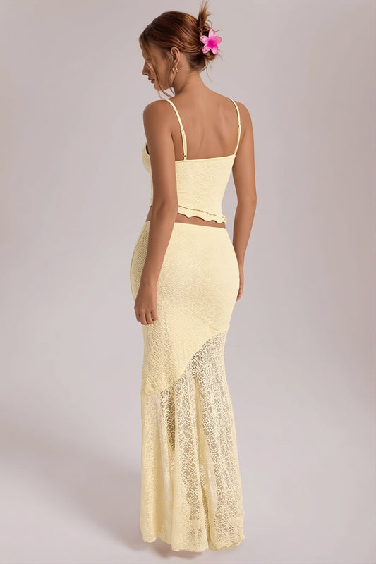 Light Yellow Lace Cami Ruffle Crop Top High Waist Skirt Sets