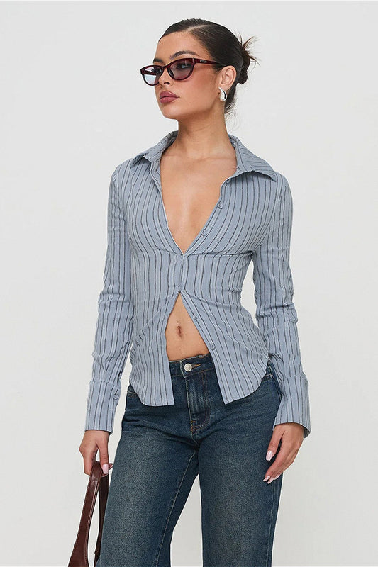 Vintage Striped Colorblock Waist Cinched Blouse