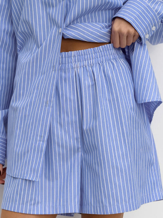 Chic Striped Cotton Casual Set Blouse