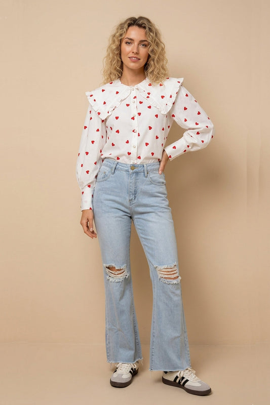 Heart Print Balloon Sleeve Doll Collar Blouse