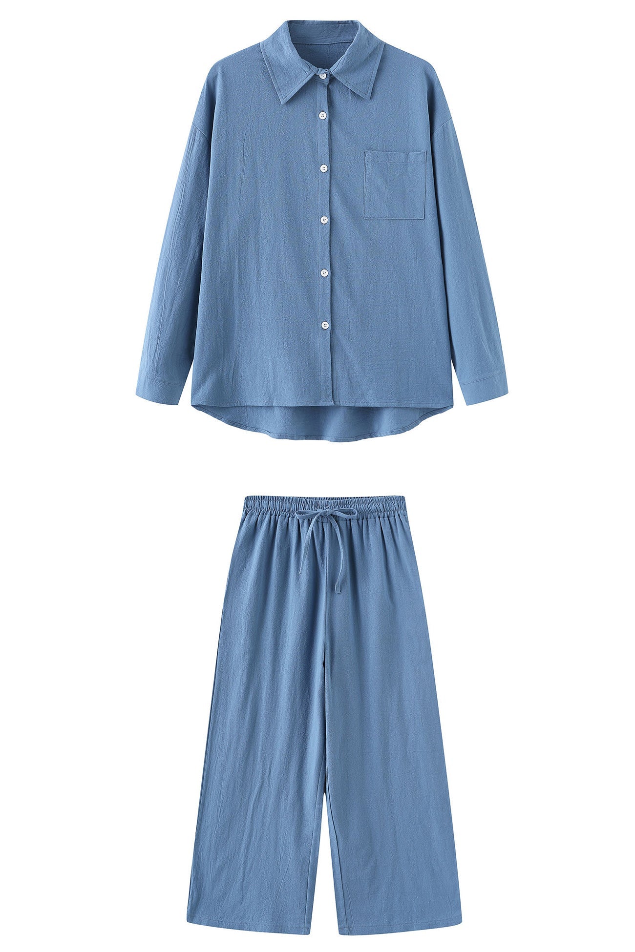 Solid Color High-waisted Linen Cotton Shirt Set