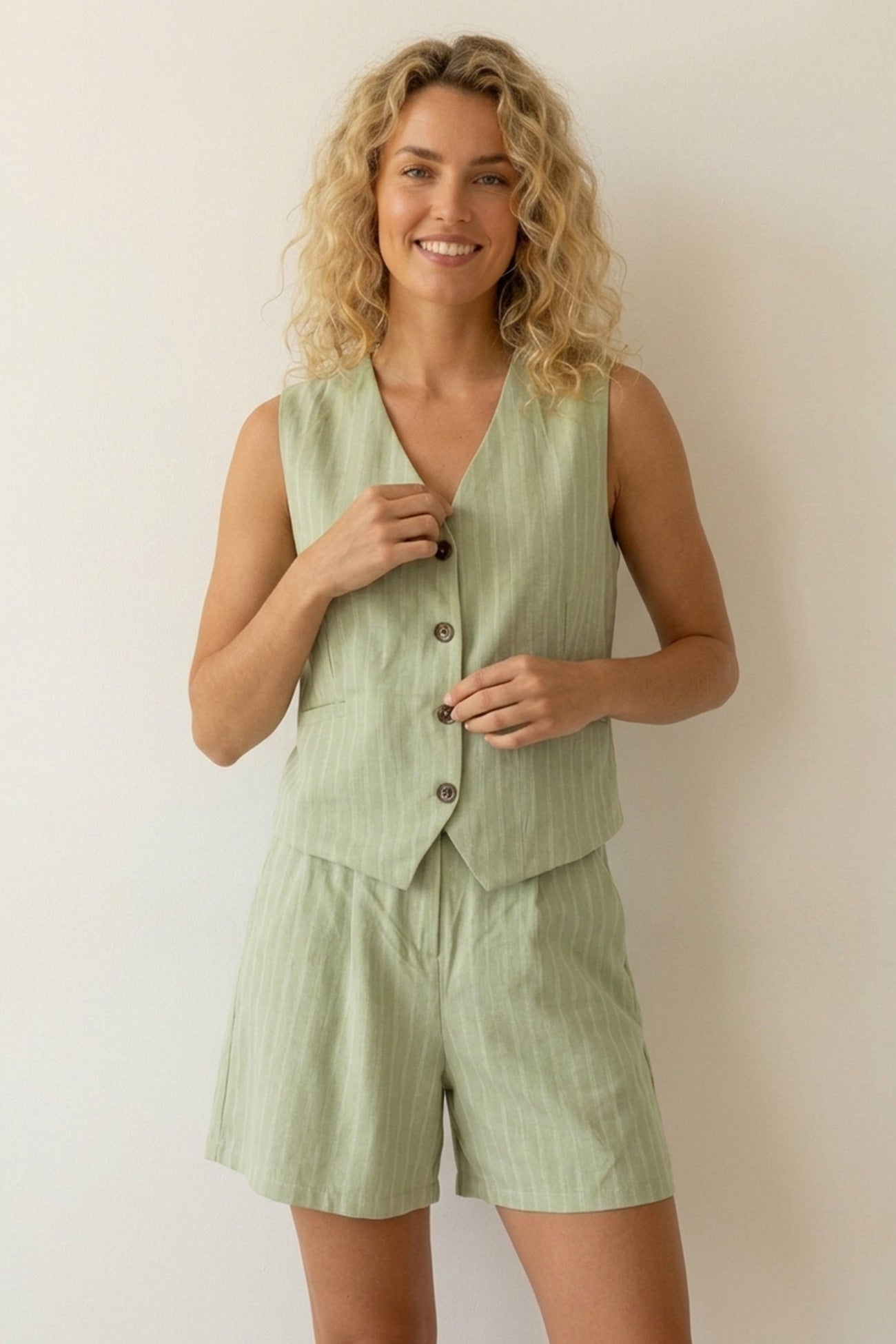 V Neck Button Front Vest Shorts Set