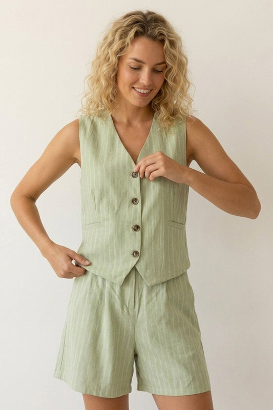 V Neck Button Front Vest Shorts Set