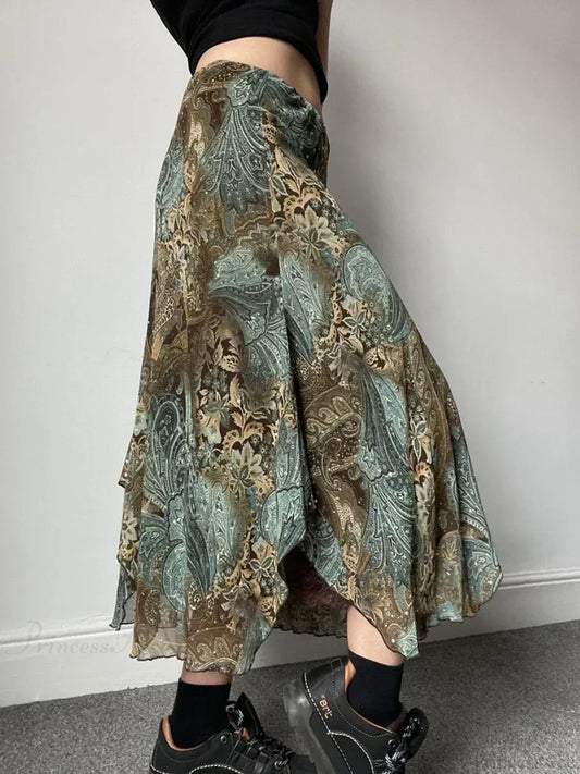 Aesthetic Floral Print Asymmetrical Boho Vacation Lace Skirt