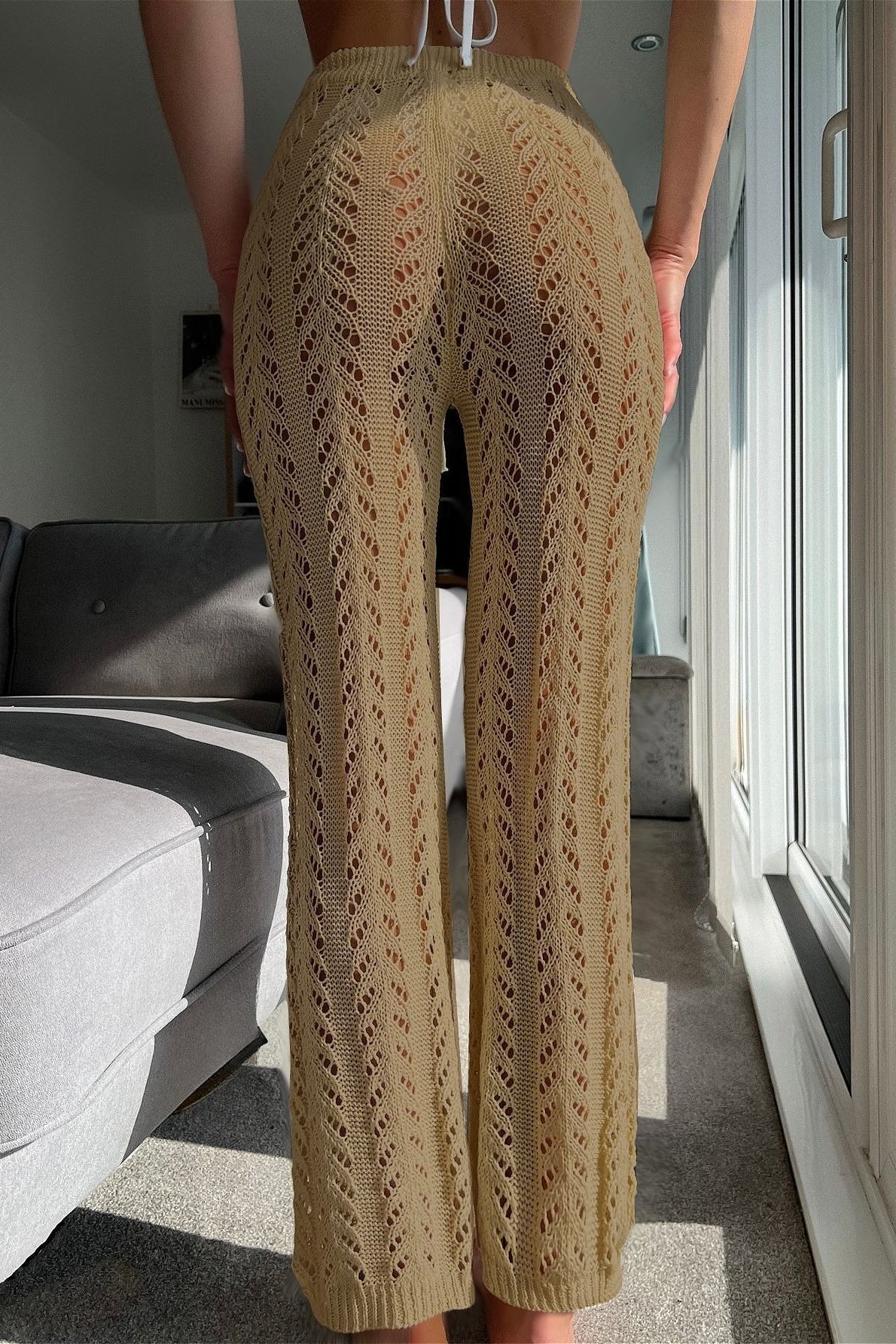 Vacation Knit Hollow Out Tie Flared Pants