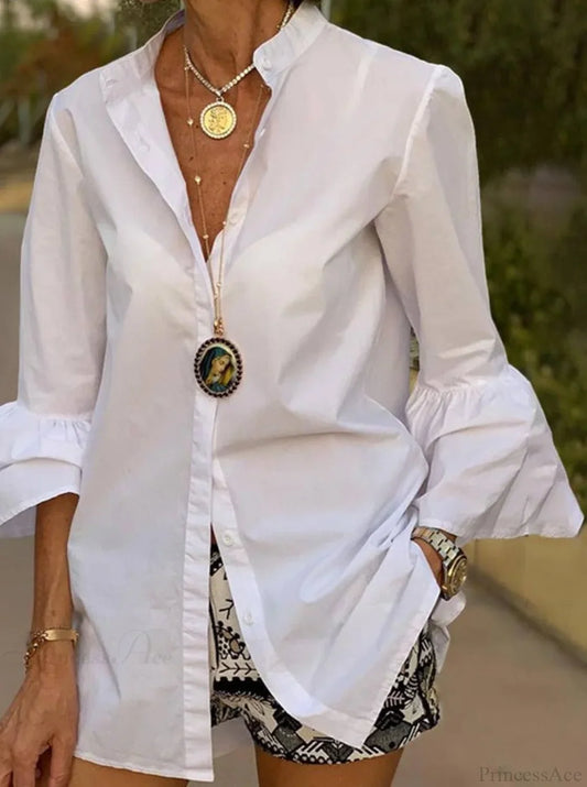 Blouse Office Arm - V Button Women's Flare Up White Neck Blouse