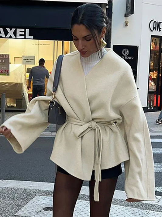 Bow Tie Lace-Up V-Neck Belted Overcoat