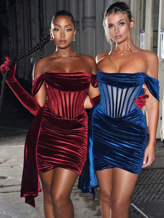 Burgundy Draping Off Shoulder Corset Sexy Velvet Slim Bodycon Mini Party Dress