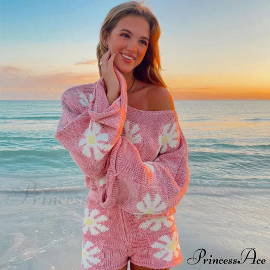 Cute Floral Print Pullover Knit Classic Shorts Matching Set - Khaki