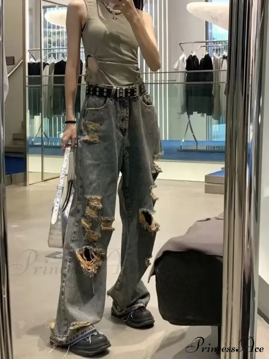 Distressed Trendy Brand Washed Vintage Versatile Trendy Wide Leg Design Inset Jean