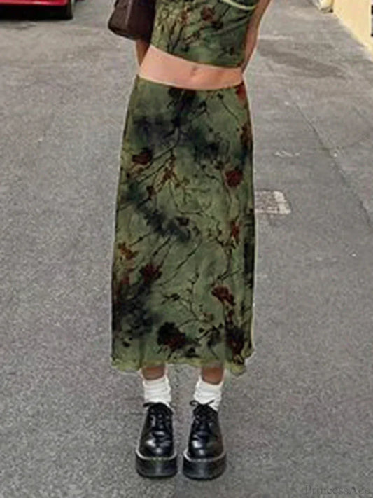 Fairycore Grunge Floral Printed Midi Skirt Y2K Vintage Skirt
