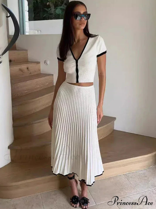 Knit Two Tone Short Sleeve Buttoned Modern Top And Pleated Midi Skirt Set