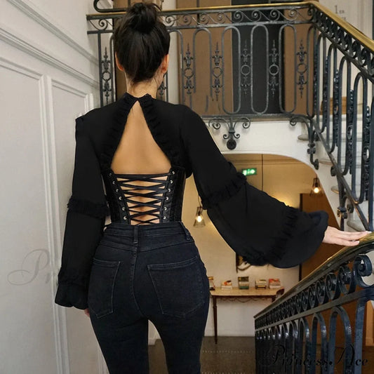 Lace Up Corset Charming Long Sleeve Blouse