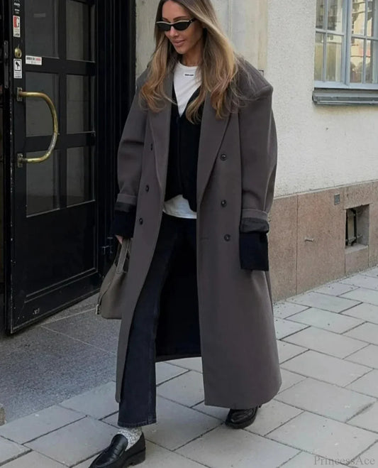 Lapel Woolen Double-Breasted Shoulder Pad Overcoat