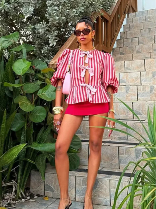 Pink Stripe Bow Lace Up Short Blouse