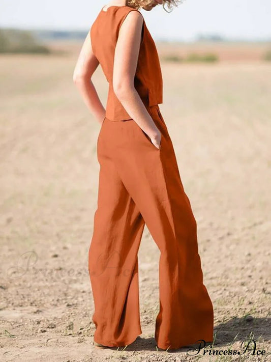 Straight Wide Set + for O-Neck Pants Two Blouse Sleeveless Solid Piece Top Color Vintage Suit Leg Women