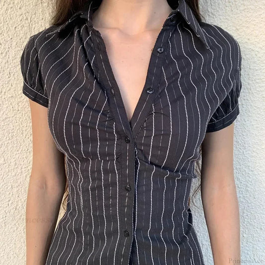 Striped Button-Up Collar Blouse
