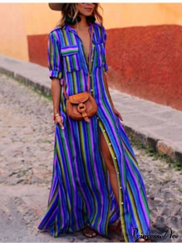 Striped Full-Length Bohemia Dress