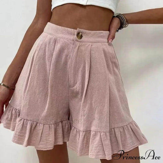 Summer Loose Fitting Wide Leg A Line Ruffle Trim Cotton Linen Texture Soft Wear Short