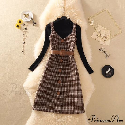 Two Winter Knee-Length vestidos Autumn plus party Women Fashion Elegant wool Piece belt Gown Valentine's for With Dresses size Streetwear Gown Sweater Day