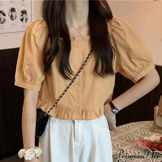 Up Cute Ruffles Women's Waist Button Blouse Clothing High Puff Youth Crop Warm-Season Top White Arm Elegant