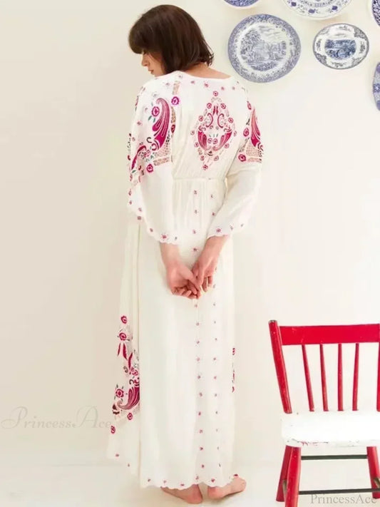 V Collar Embroidery Oversized Casual Cotton Boho Dress