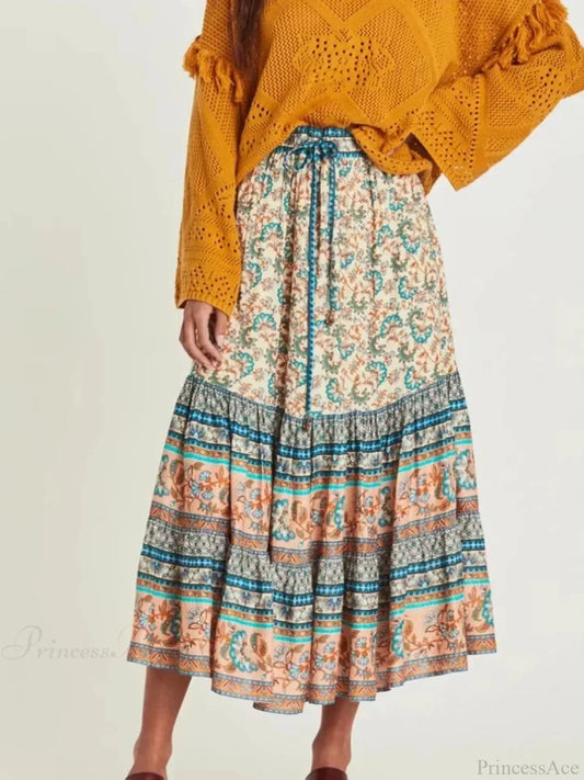 Vintage Chic Hippie Floral Peacock Printed High Waist Rayon A-Line Midi Boho Skirt