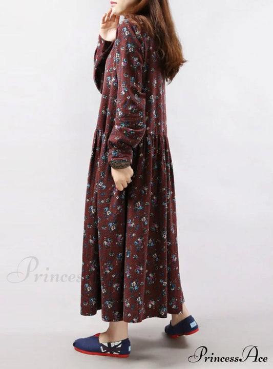 Vintage Floral Loose Long-Sleeve Casual Dress