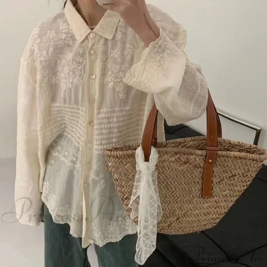 White Cotton Embroidery Lace Long Sleeve Boho Beach Blouse