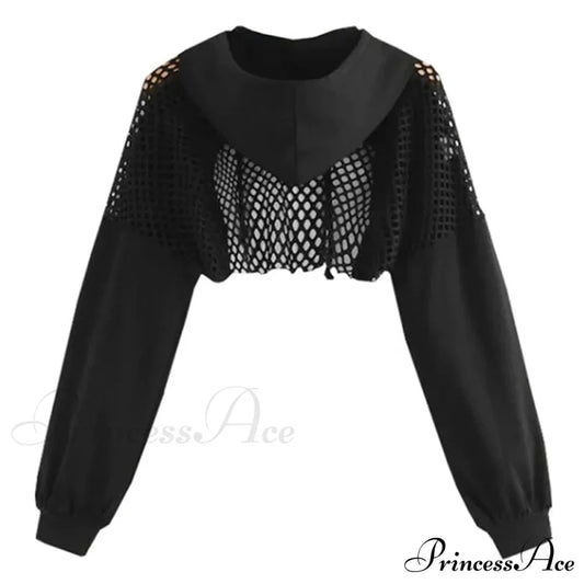 Women's Mesh with Out Hoodie Black Crop Top Hollow Patchwork