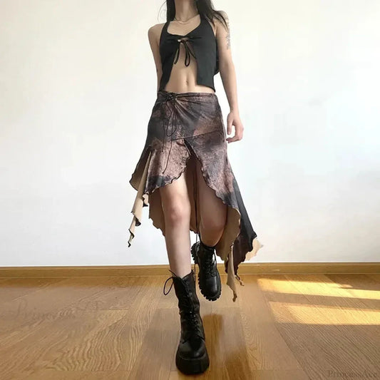 Y2K Irregular Midi Skirt Vintage Boho Ruffles Print Skirt