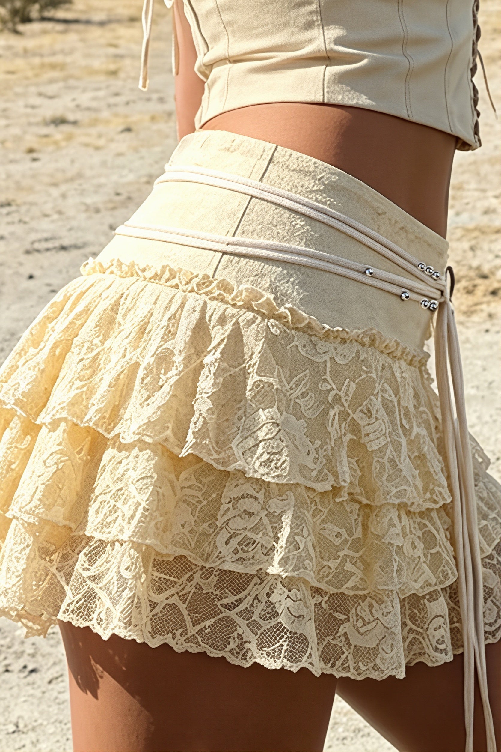Chic Lace Drawstring Ruffle Tiered Mini Skirt