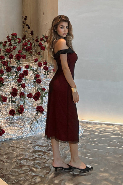 Off-Shoulder Mesh Colorblock Bodycon Party Dress