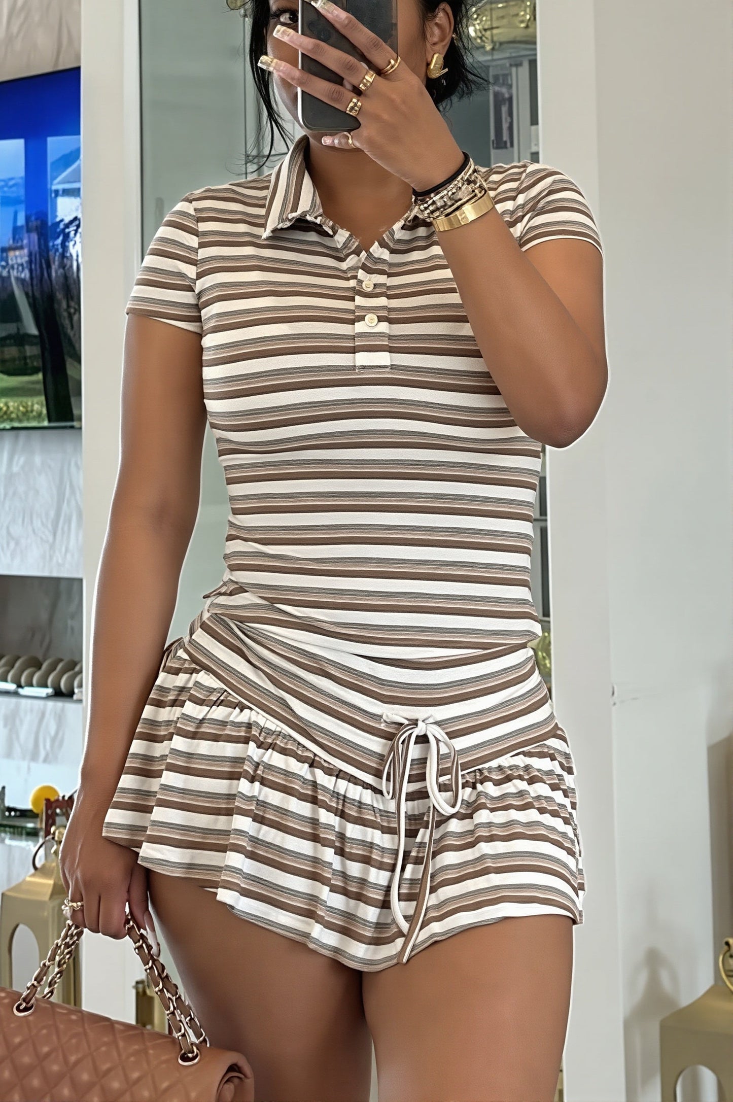 Stripe Polo Tie Waist Skirt Set