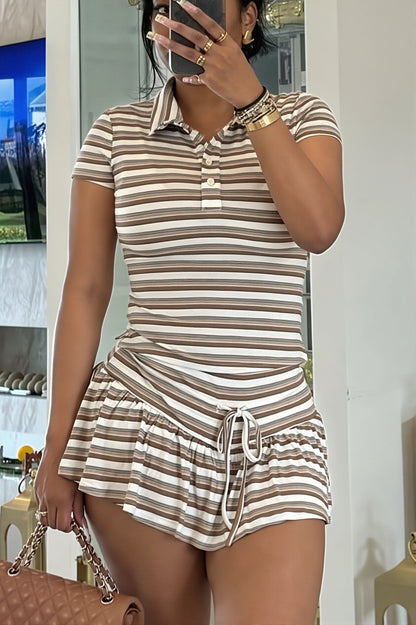 Stripe Polo Tie Waist Skirt Set