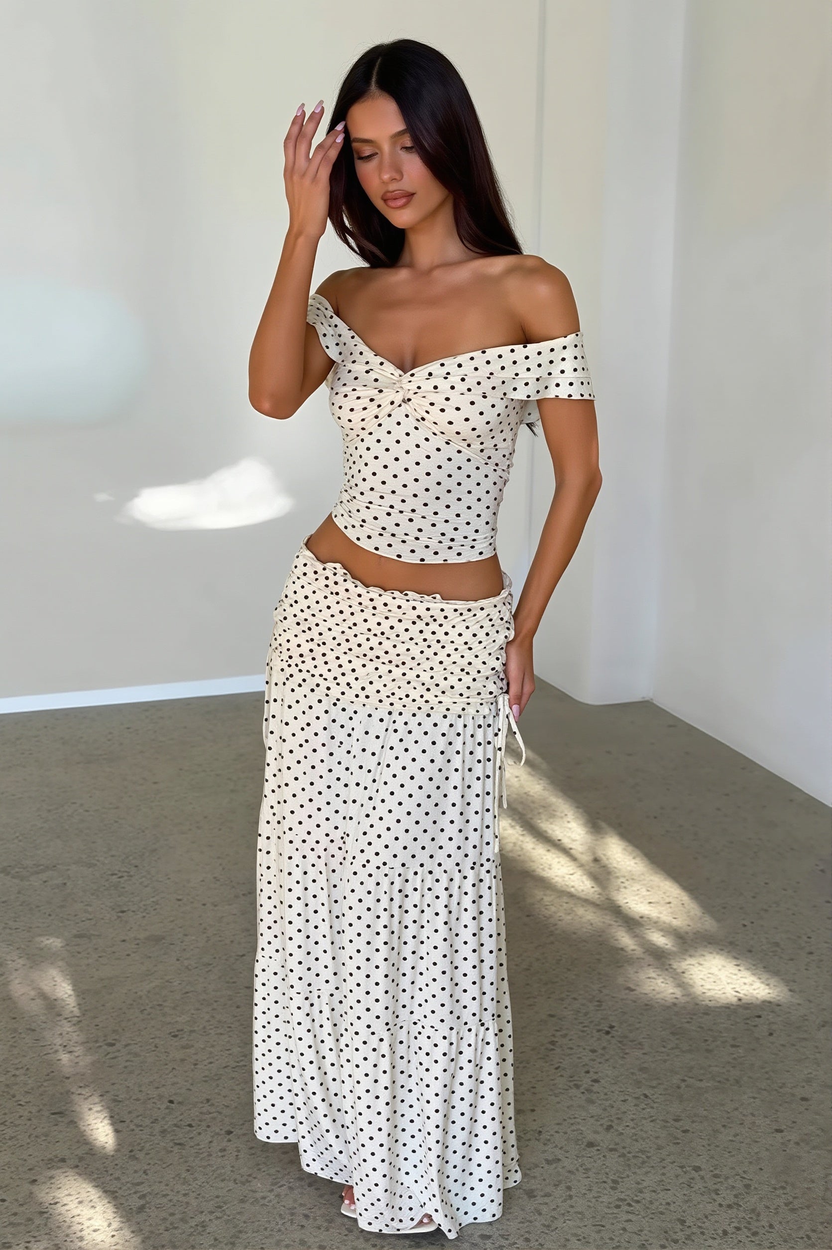 Sexy Off Shoulder Crop Top Polka Dot Fish Tail High Rise Skirt Sets
