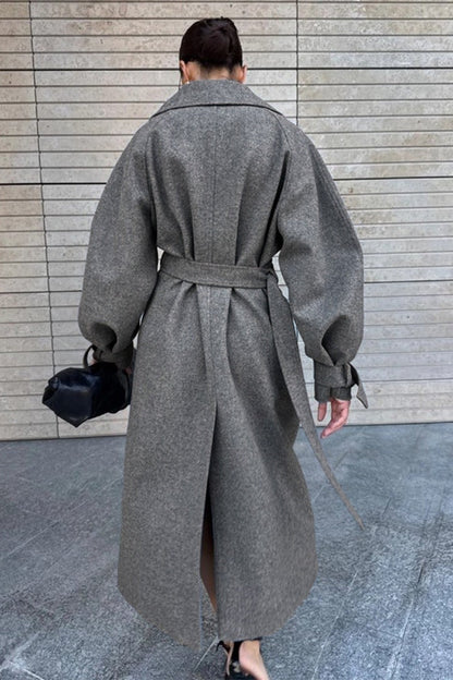 Longline Wool Blend Tie Waist Loose Elegant Overcoat
