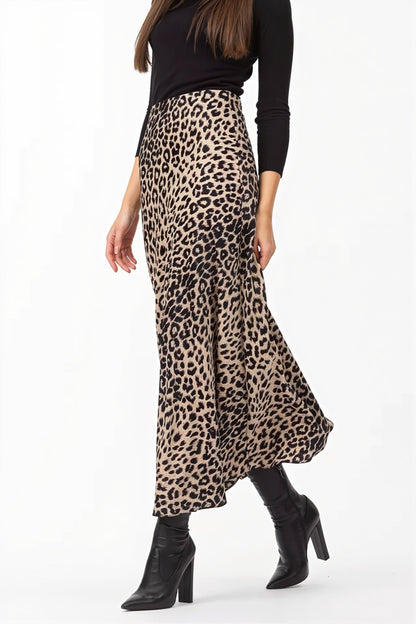 Satin Leopard Printed Elastic Waist Maxi Skirt
