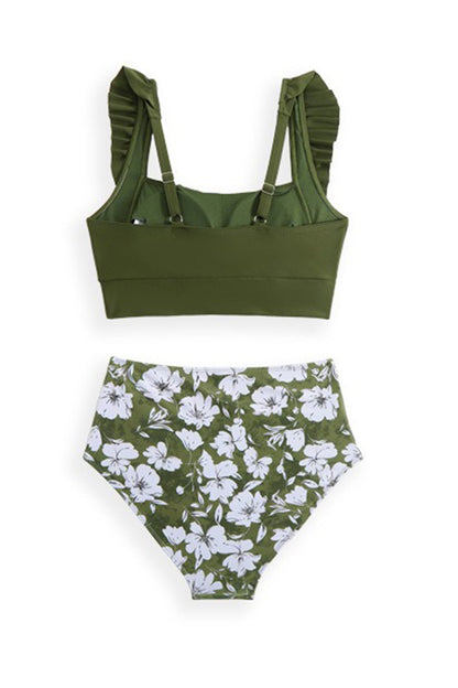 Ruffle Floral Print Swimsuit With Sarong