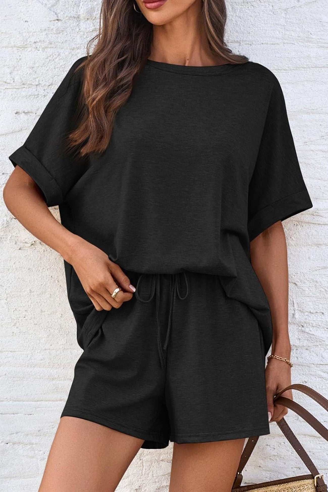 Solid Color Bat Sleeve T-shirt Shorts Set