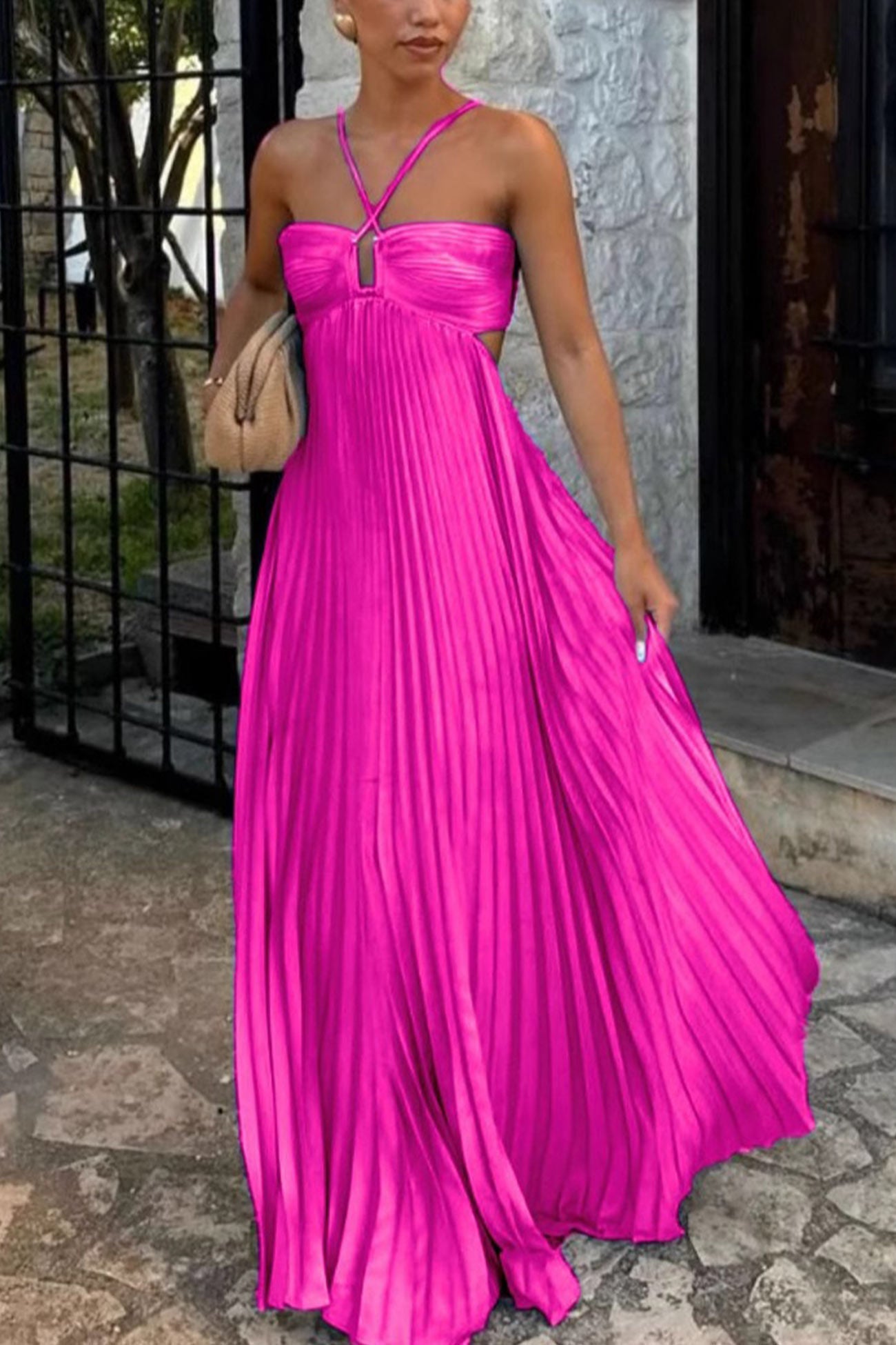 Halterneck Cutout Pleated Maxi Dress