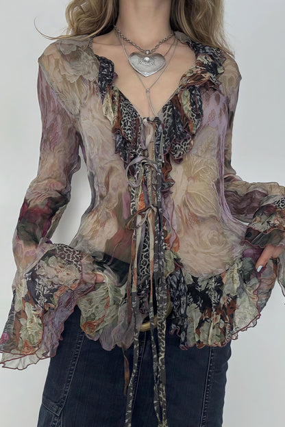 Tie Dye Mesh Ruffle Flare Sleeve Blouse