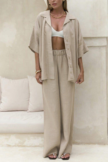 Solid Color Cotton Half Sleeve Blouse Pants Set