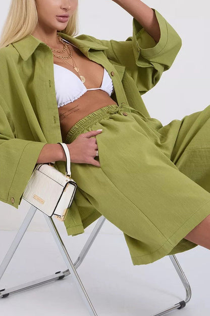 Solid Color Shirt Single-breasted Bermuda Shorts Set