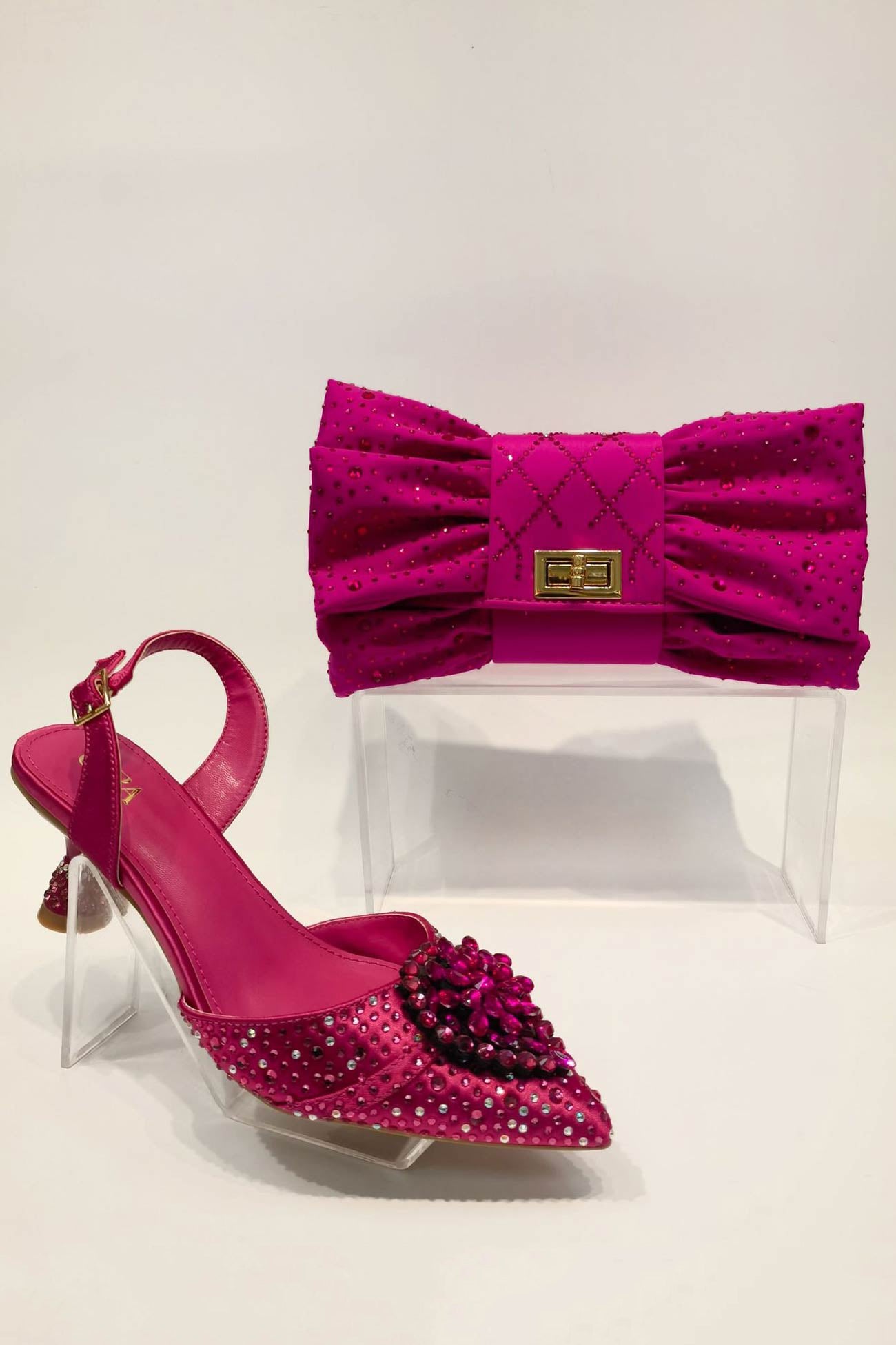 Pointed Rhinestone High Heels With Bow Hand Bag