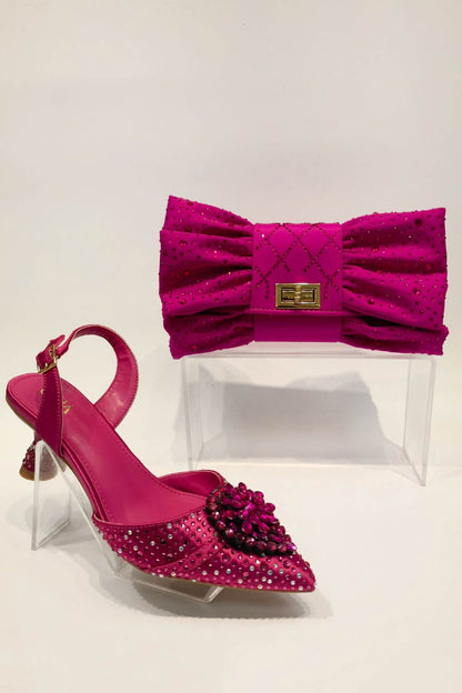 Pointed Rhinestone High Heels With Bow Hand Bag