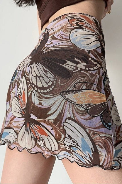 Vintage Printed Mesh Bodycon Mini Skirt